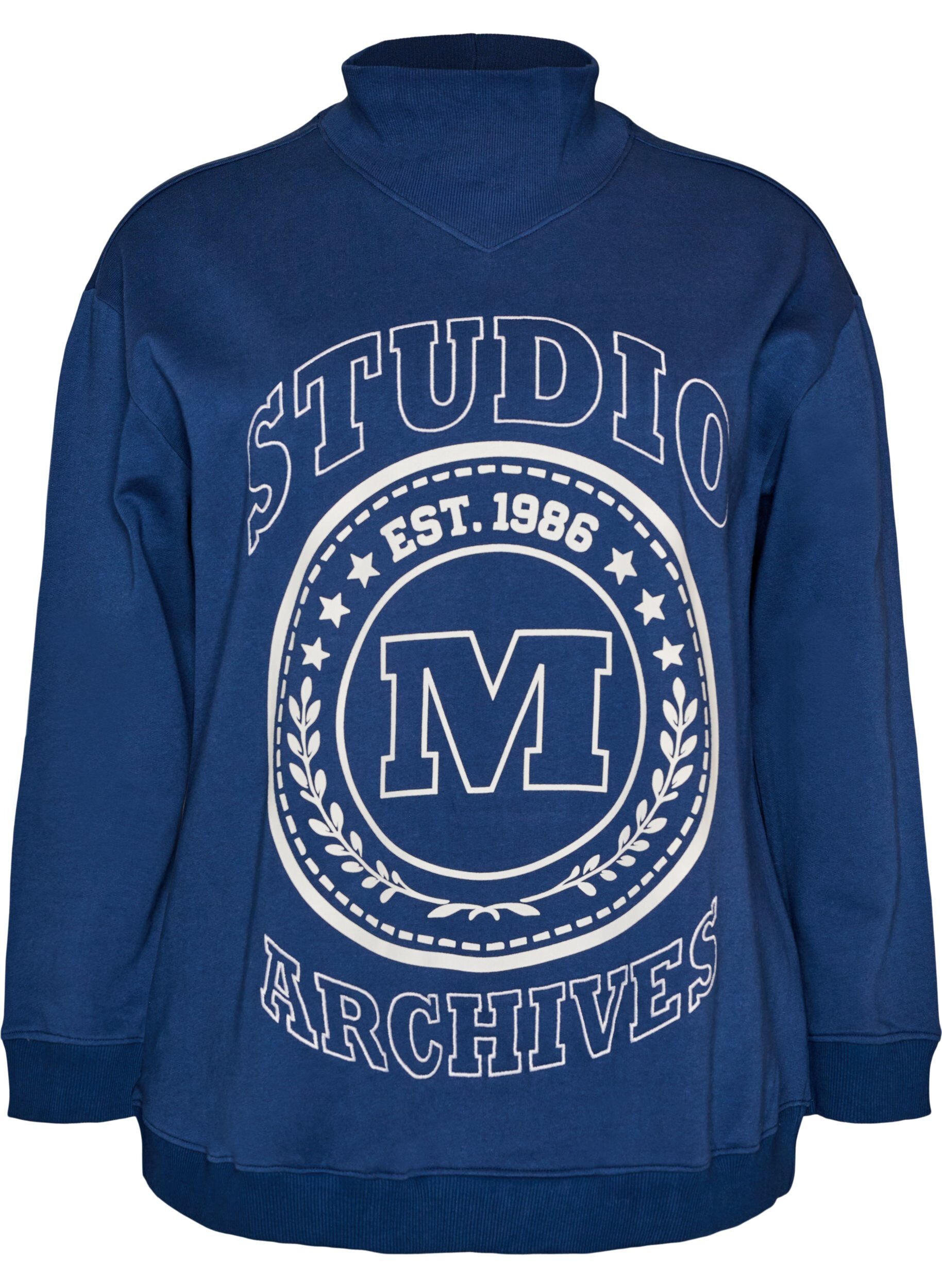 ZizziSweatshirt met hoge hals en sportief motief op de voorkant, Blauw, Packshot image number 0
