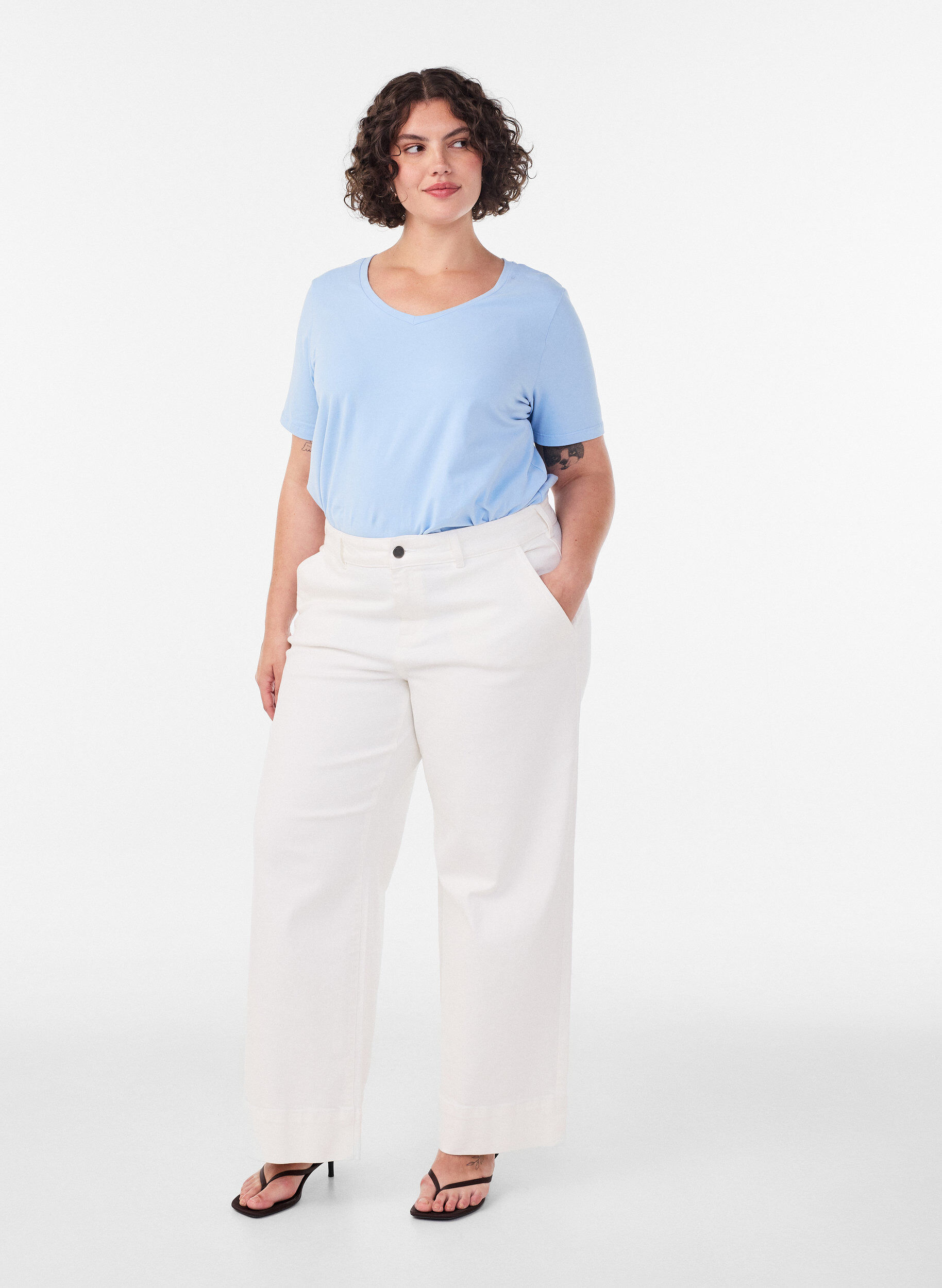 ZizziBasic t-shirt in effen kleur met katoen, Blauw, Model image number 1