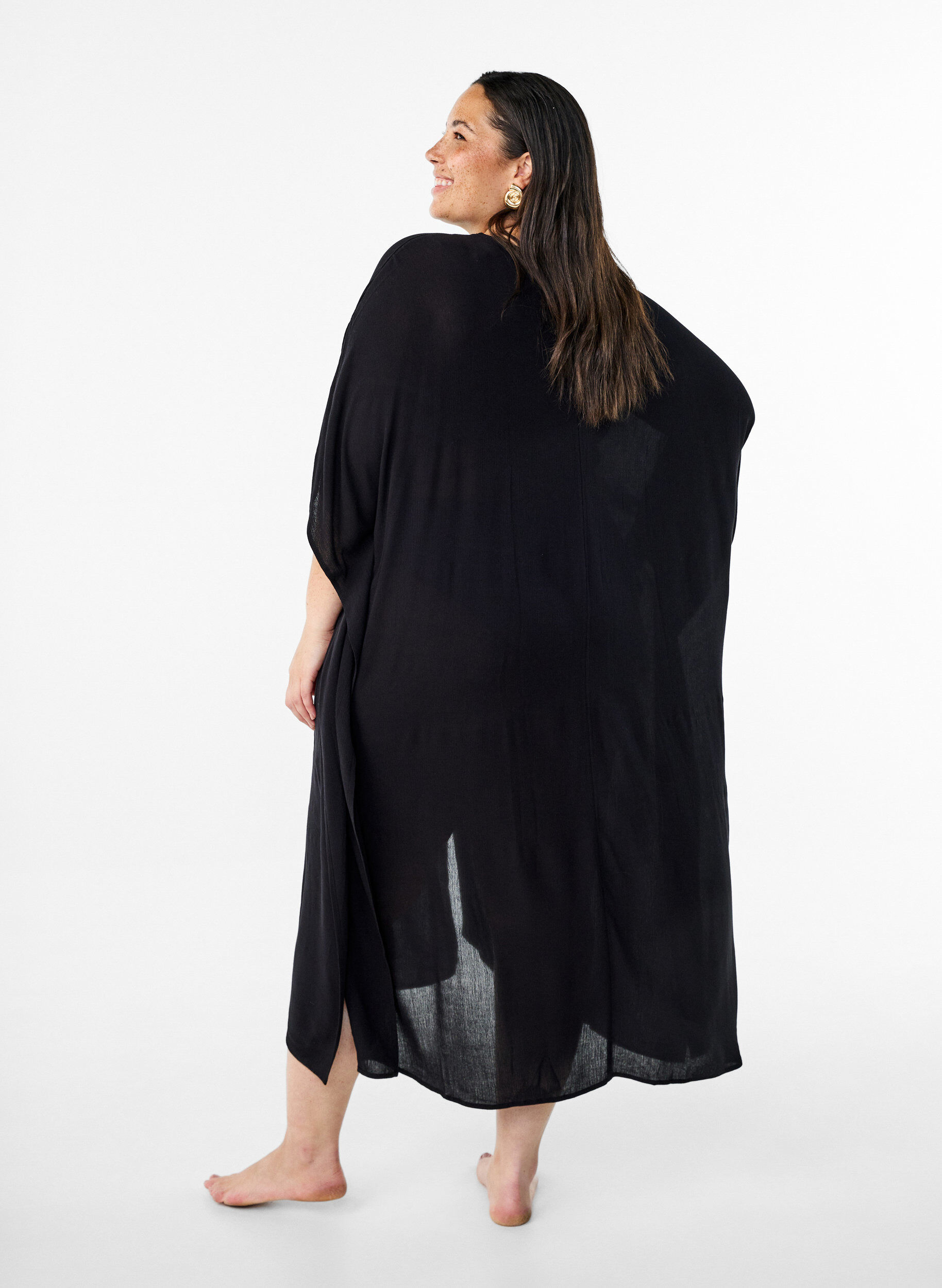 Zizzi Kaftan strandjurk met knopen, Zwart, Model image number 1