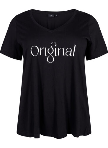 Katoenen t-shirt met tekstopdruk en v-hals, Black ORI, Packshot image number 0