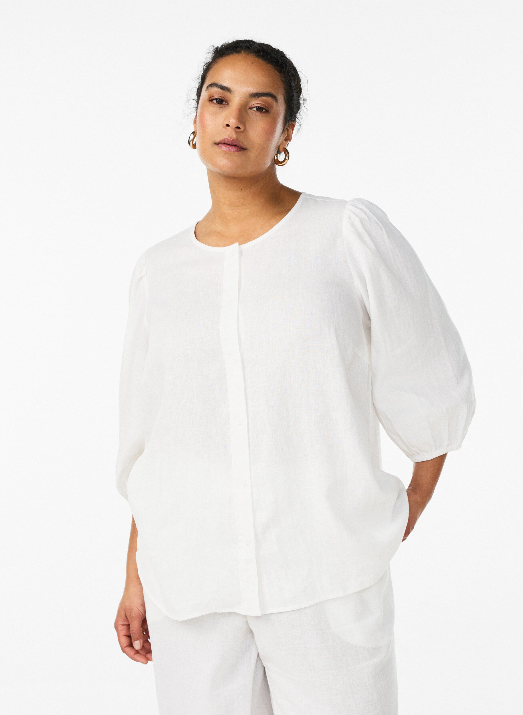 Shirtblouse in linnen en viscose met 3/4-mouwen, Wit, Model