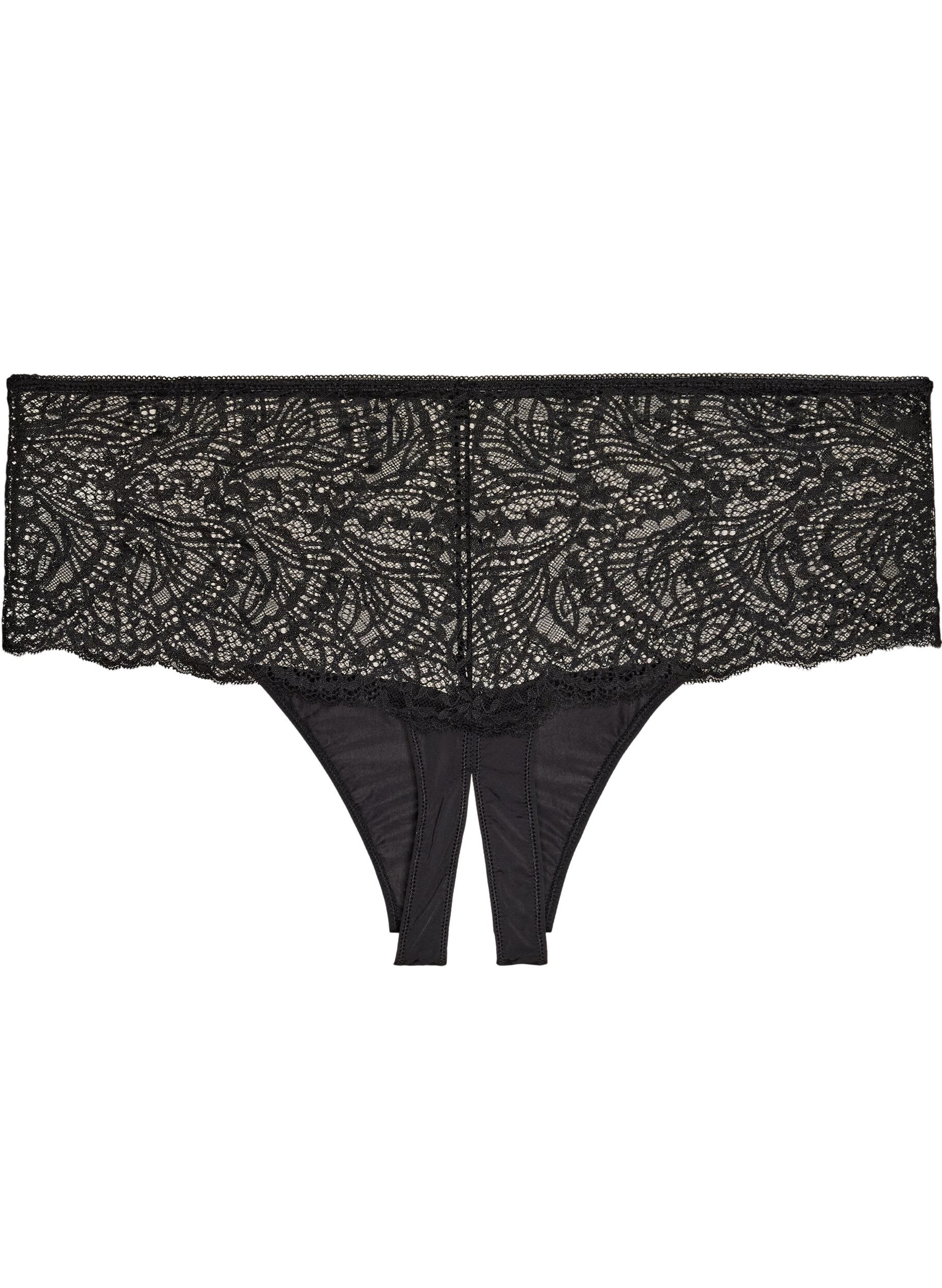 ZizziHipster string zonder kruis met kant en hoge taille, Zwart, Packshot image number 1