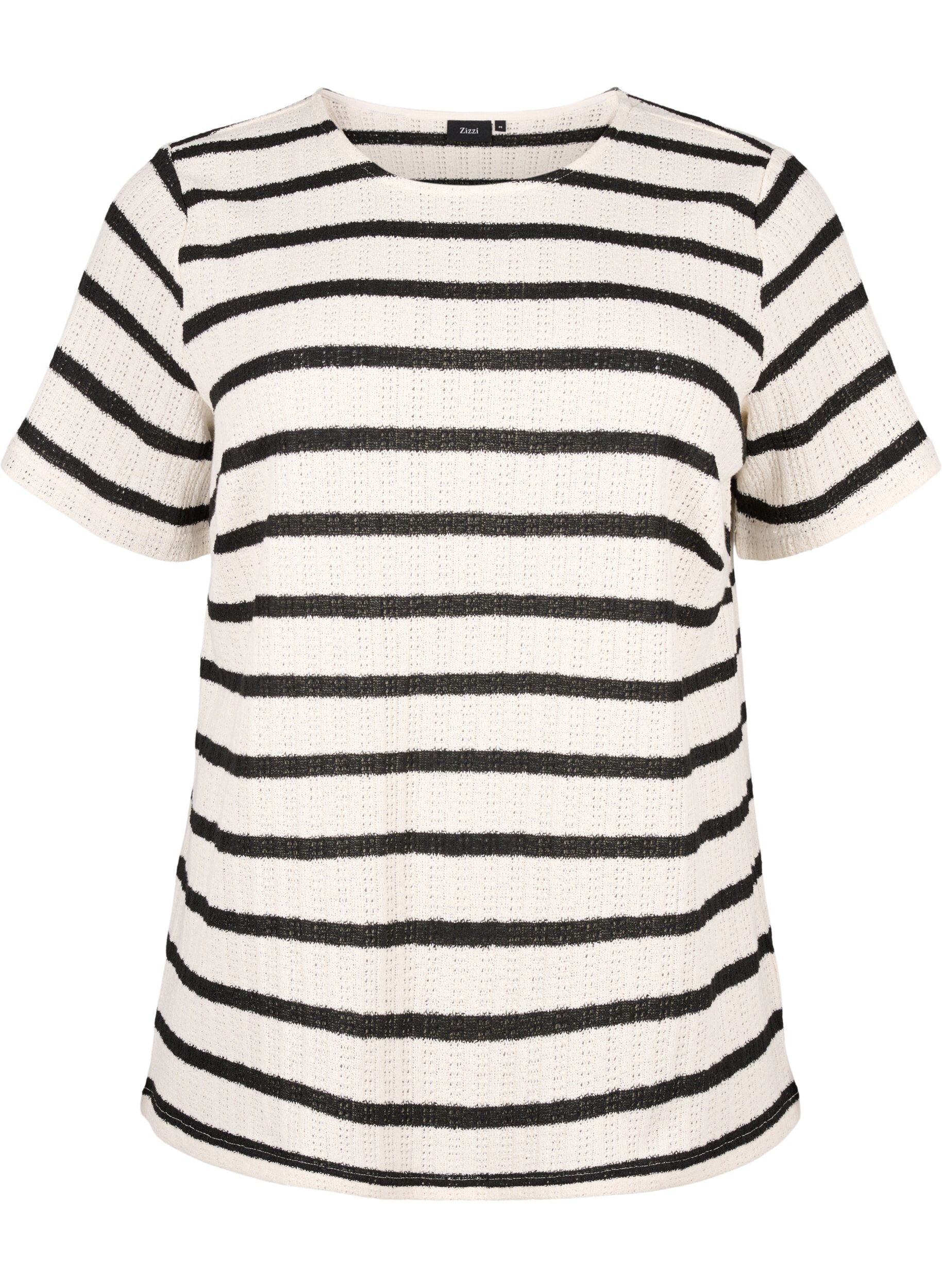 Zizzi Blouse met korte mouwen en contrastkleurige strepen, Sand Black Stripe, Packshot image number 0
