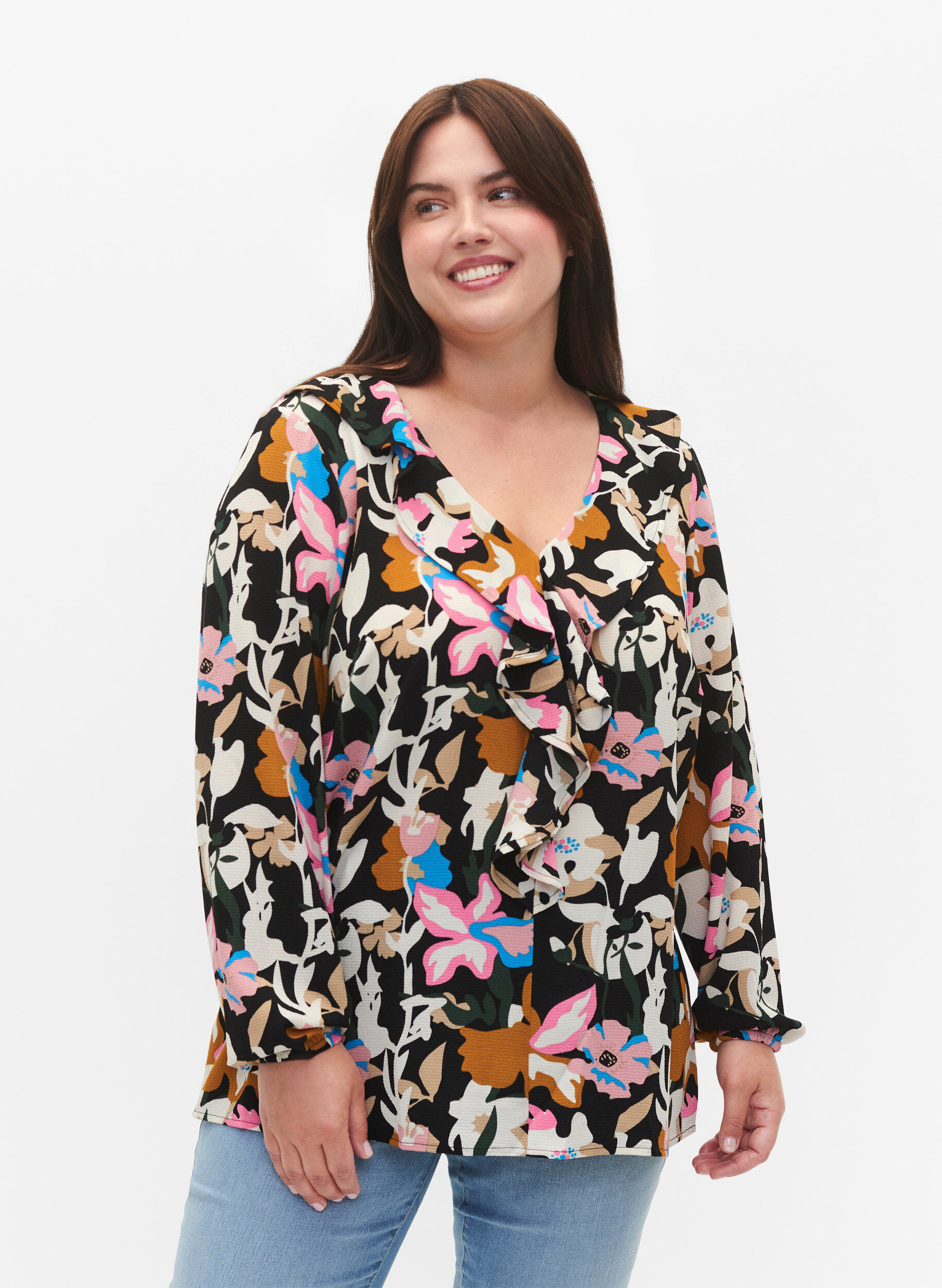 Zizzi Bedrukte blouse met ruches, Black Multi Flower, Model image number 0