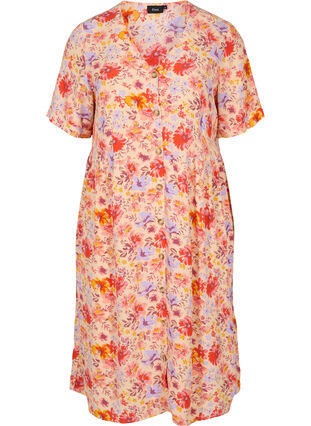 Midi-jurk met korte mouwen en knoopsluiting, Red Orange AOP, Packshot image number 0