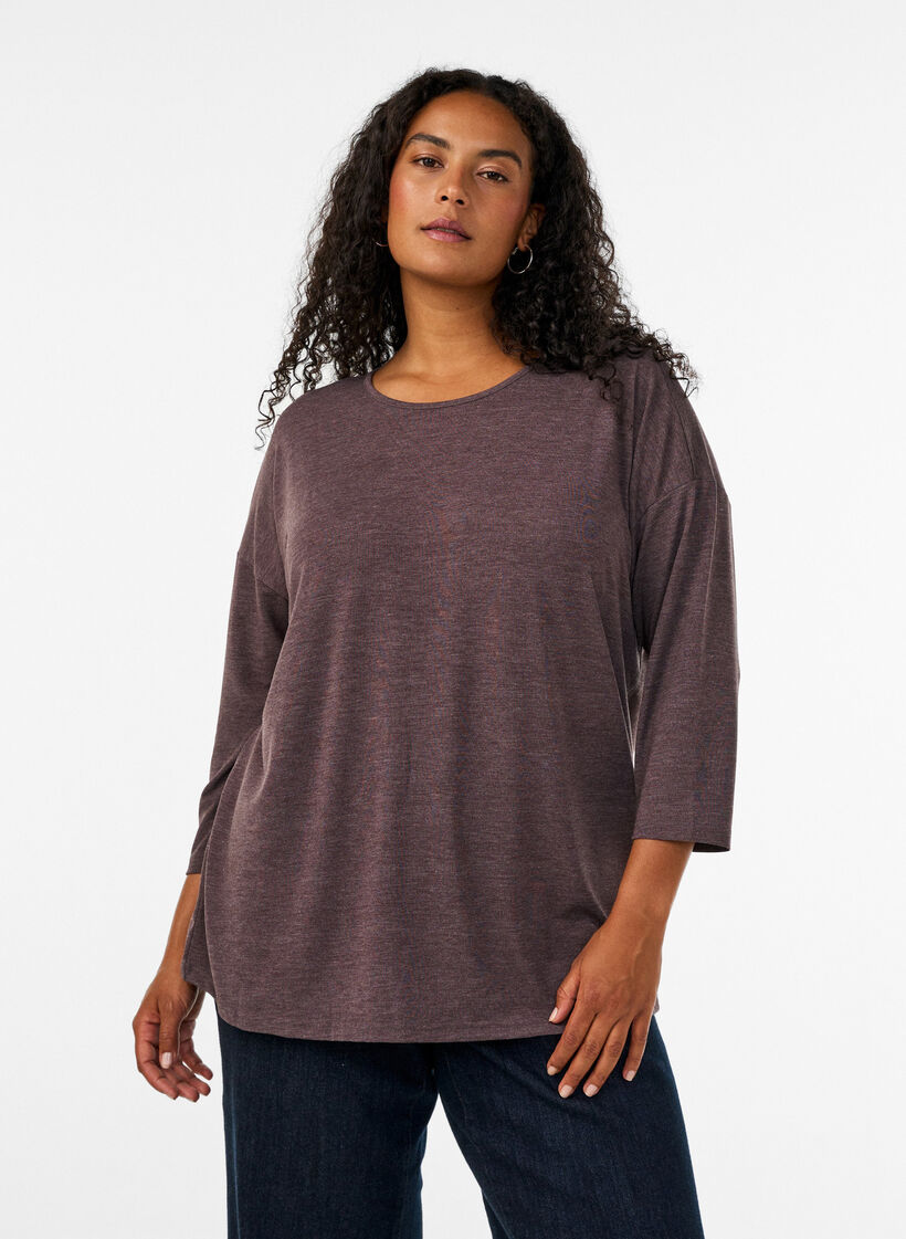 Jersey blouse met 3/4 mouwen, Bruin, Model image number 0
