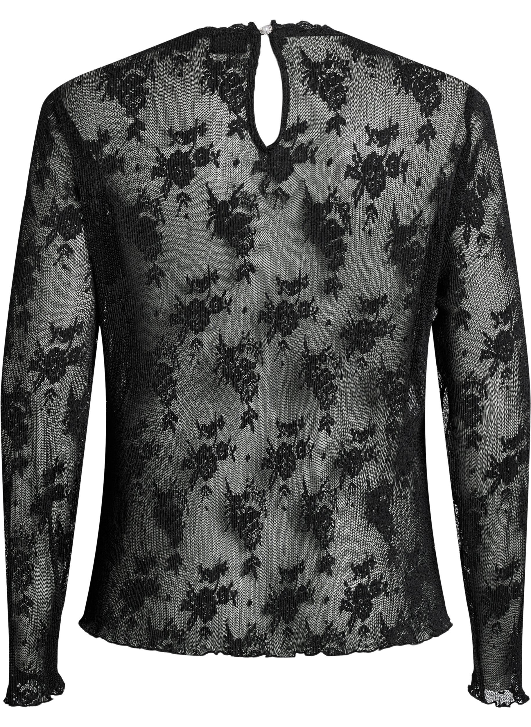 Zizzi Mesh blouse met lange mouwen met kantpatroon, Zwart, Packshot image number 1