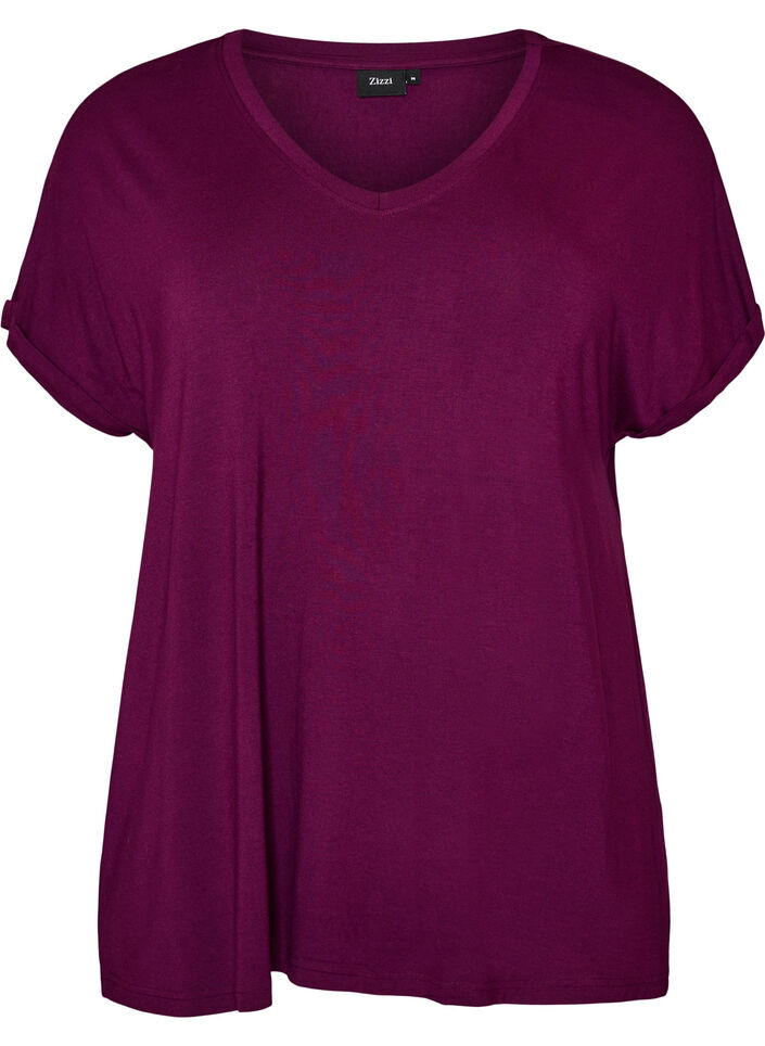 Basic T-shirt met V-hals van viscose, Paars, Packshot image number 0