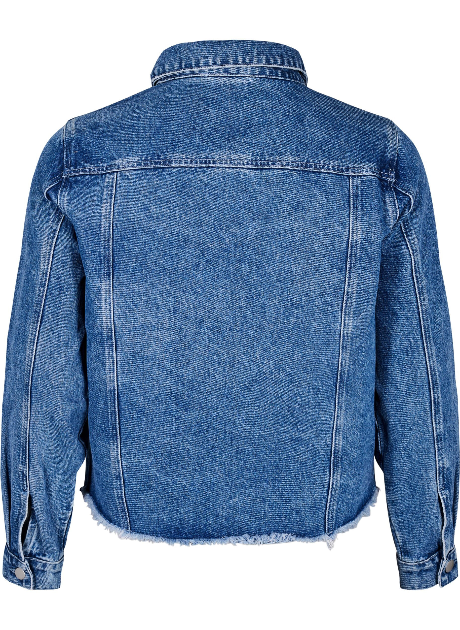 Zizzi Denimjack met strasssteentjes en een rauwe zoom, Blauw, Packshot image number 1