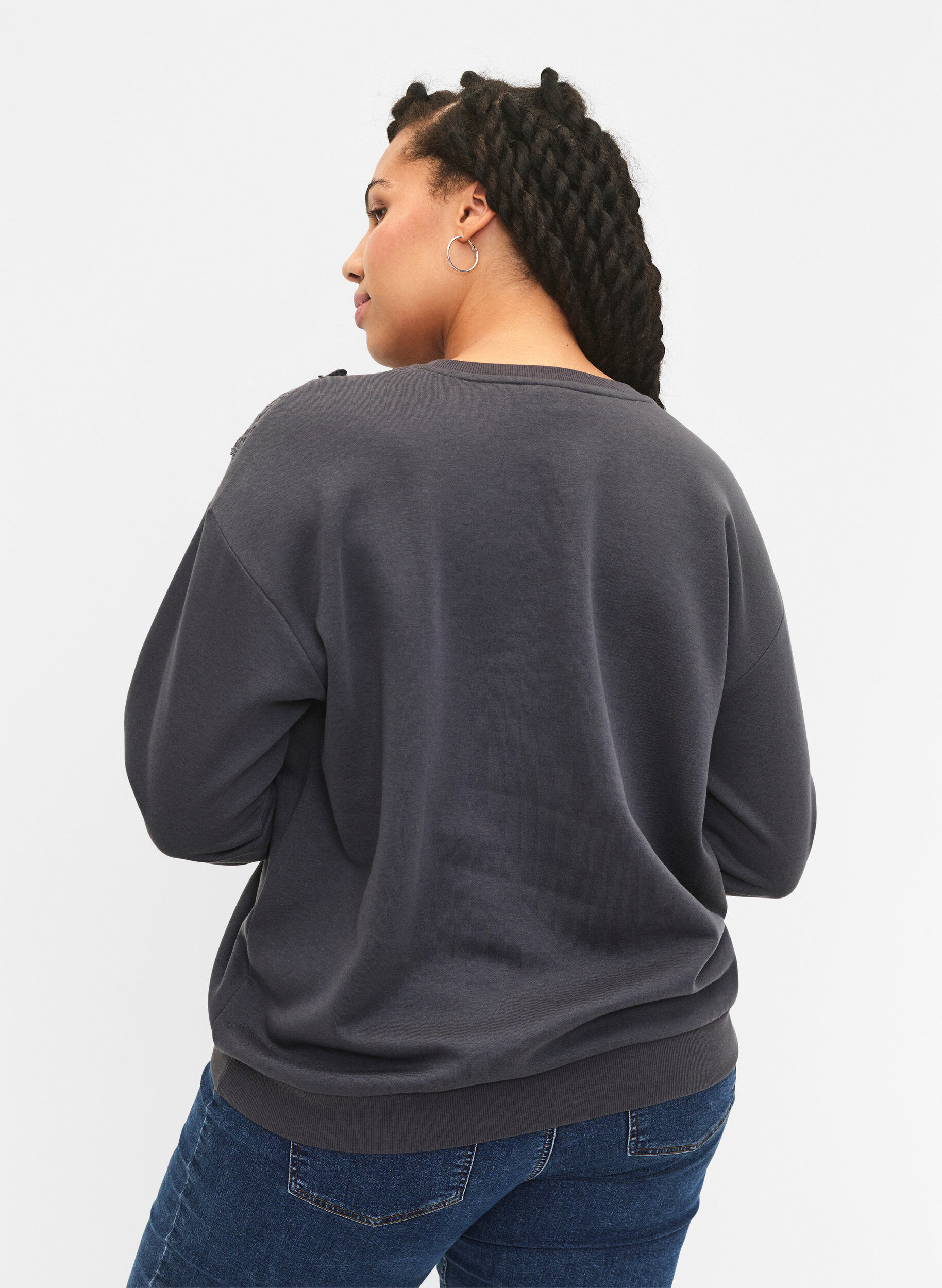 Zizzi Sweatshirt met ruches en gehaakt detail, Dark Grey, Model image number 1