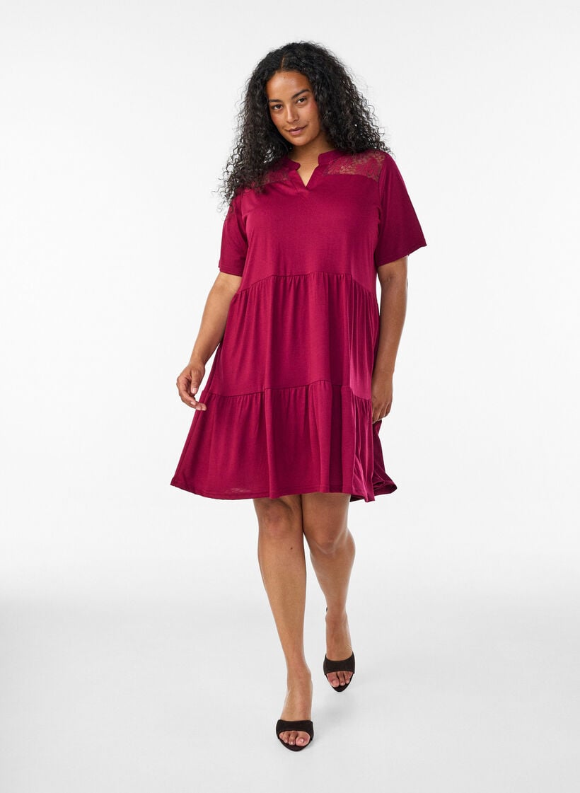 Jerseyjurk met kanten details en een gelaagde rok, Rood, Model image number 1