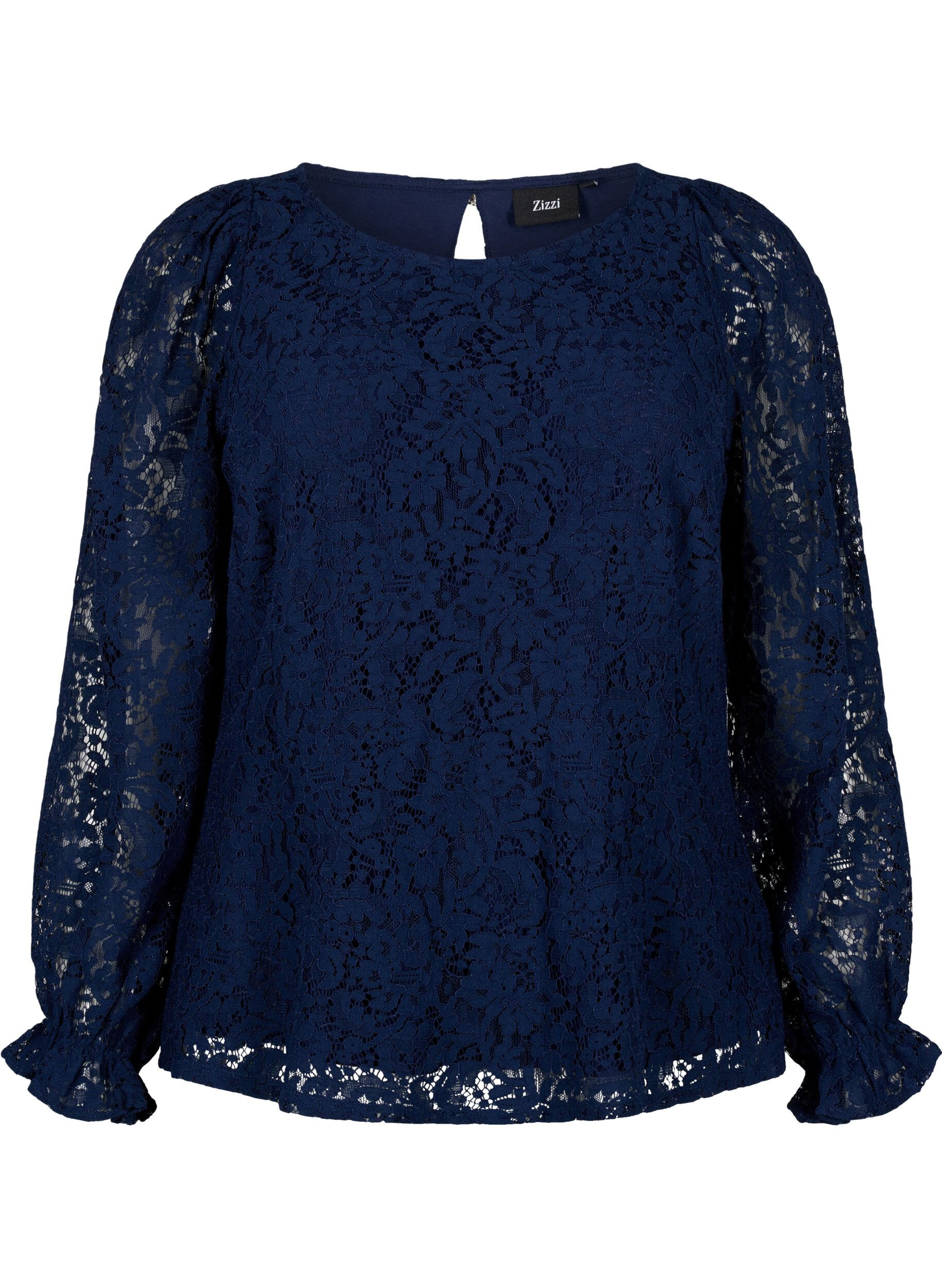 Zizzi Kanten blouse met lange mouwen, Navy Blazer, Packshot image number 0