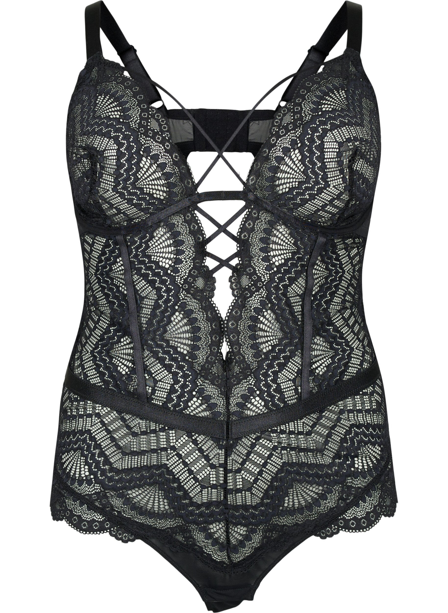 Zizzi Kanten bodystocking met touwtjes, Zwart, Packshot image number 0