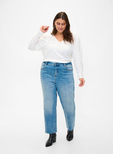 7/8 jeans met ruwe randjes en hoge taille, Light blue denim, Model image number 0