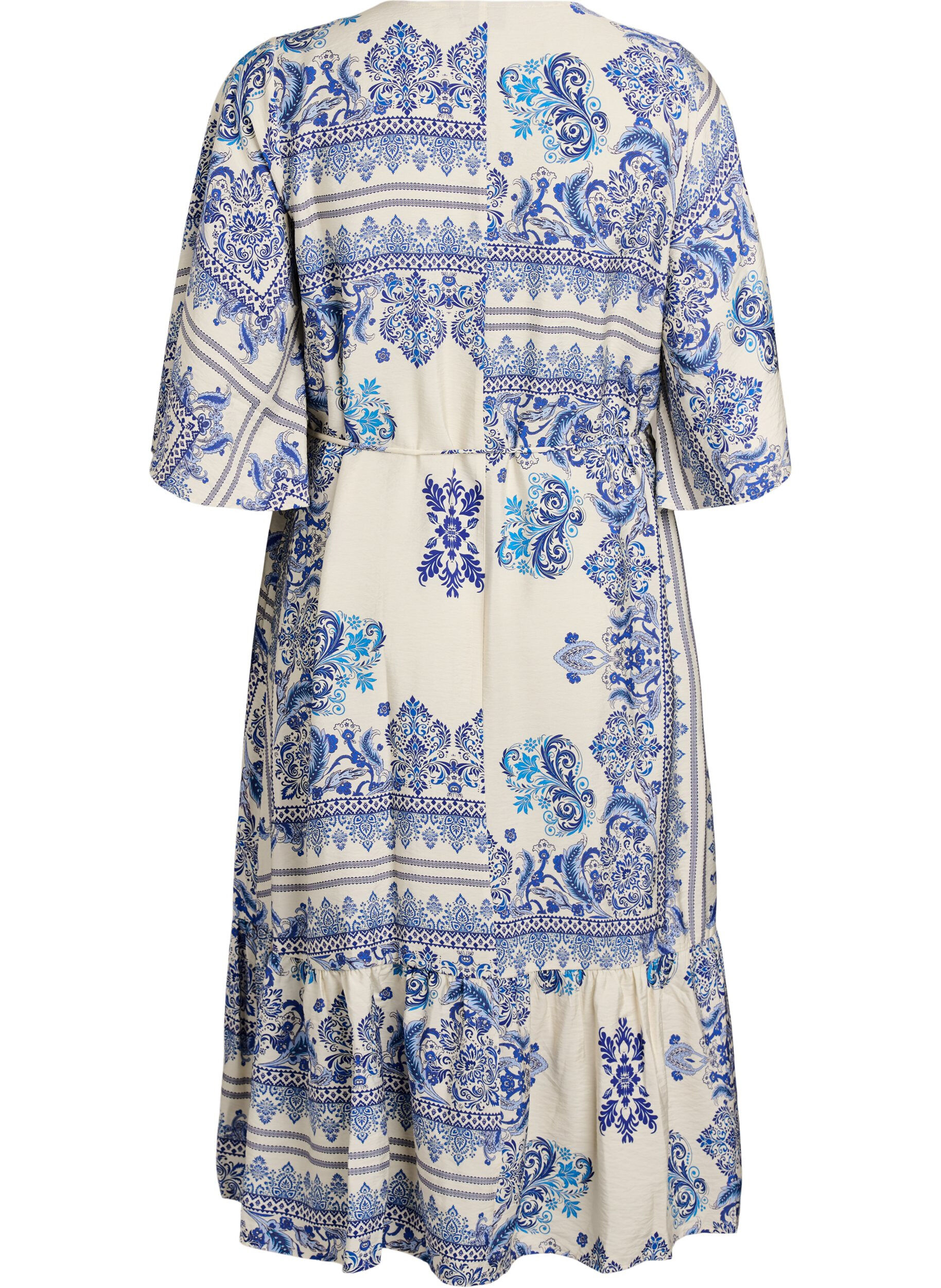 Zizzi Gedessineerde midi jurk in viscose met strikceintuur, Blauw, Packshot image number 1