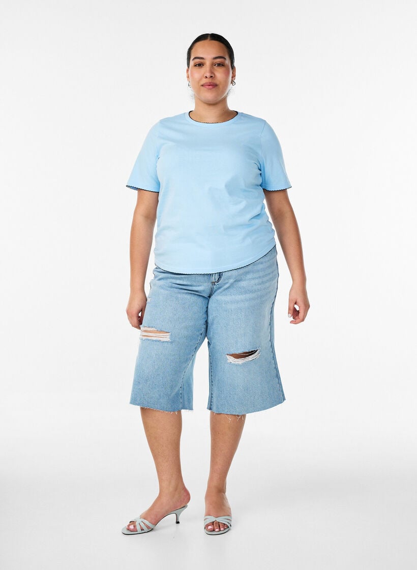 Katoenen T-shirt met golvende contrasterende randen, Blauw, Model image number 1