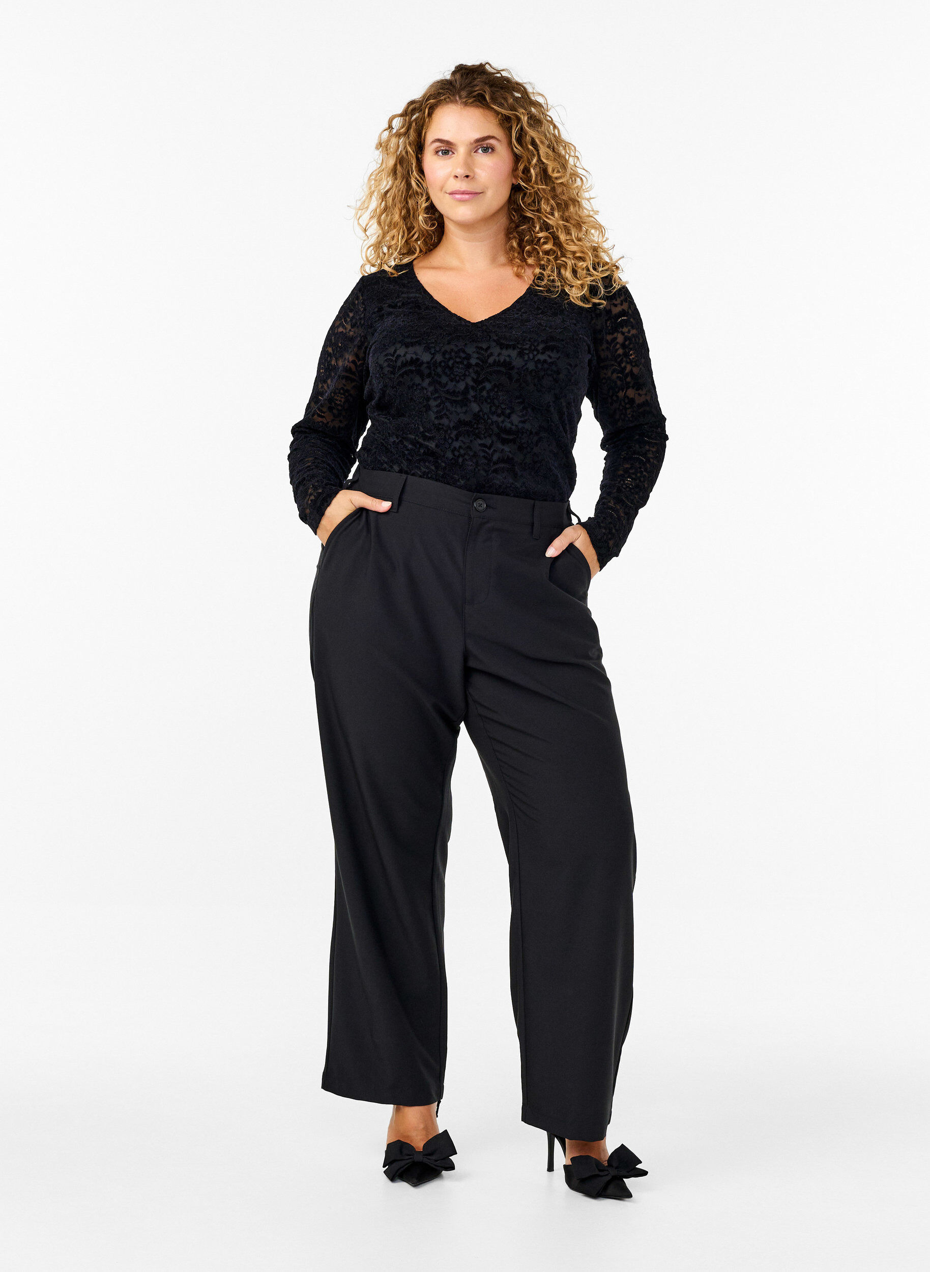 Zizzi Kanten bodystocking met lange mouwen, Black, Model image number 2