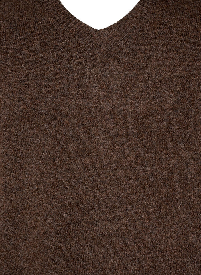 Gebreide jurk met lange mouwen en V-hals, Bruin, Packshot image number 2