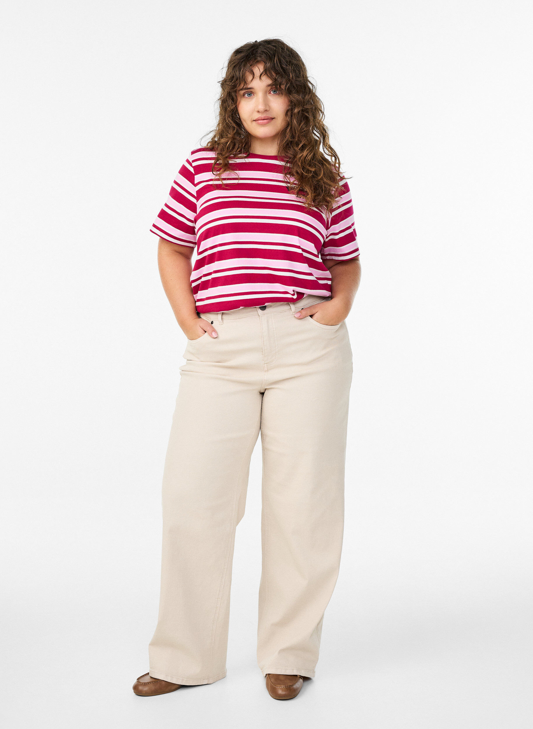 Zizzi Katoenen T-shirt met strepen, Roze, Model image number 1