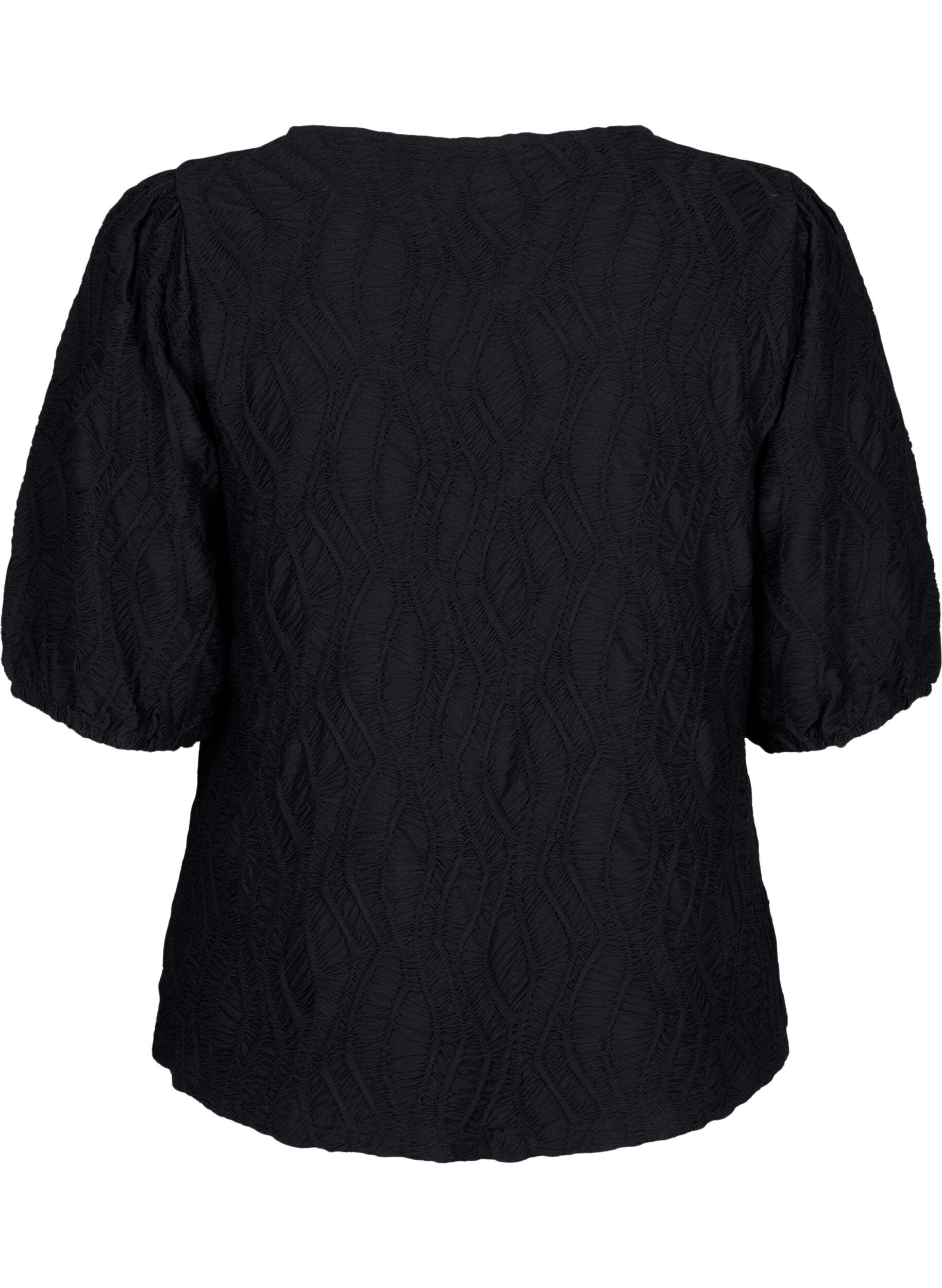 Zizzi Blouse met structuur en korte mouwen, Black, Packshot image number 1