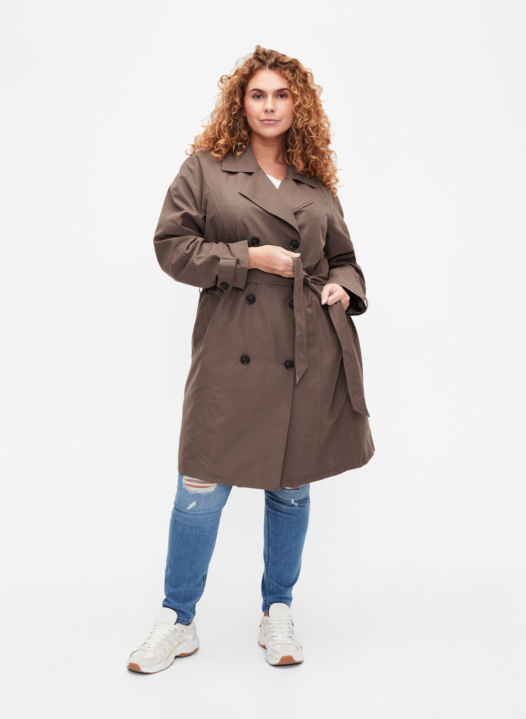 Zizzi Trenchcoat met riem en split, Chocolate Chip, Model image number 2