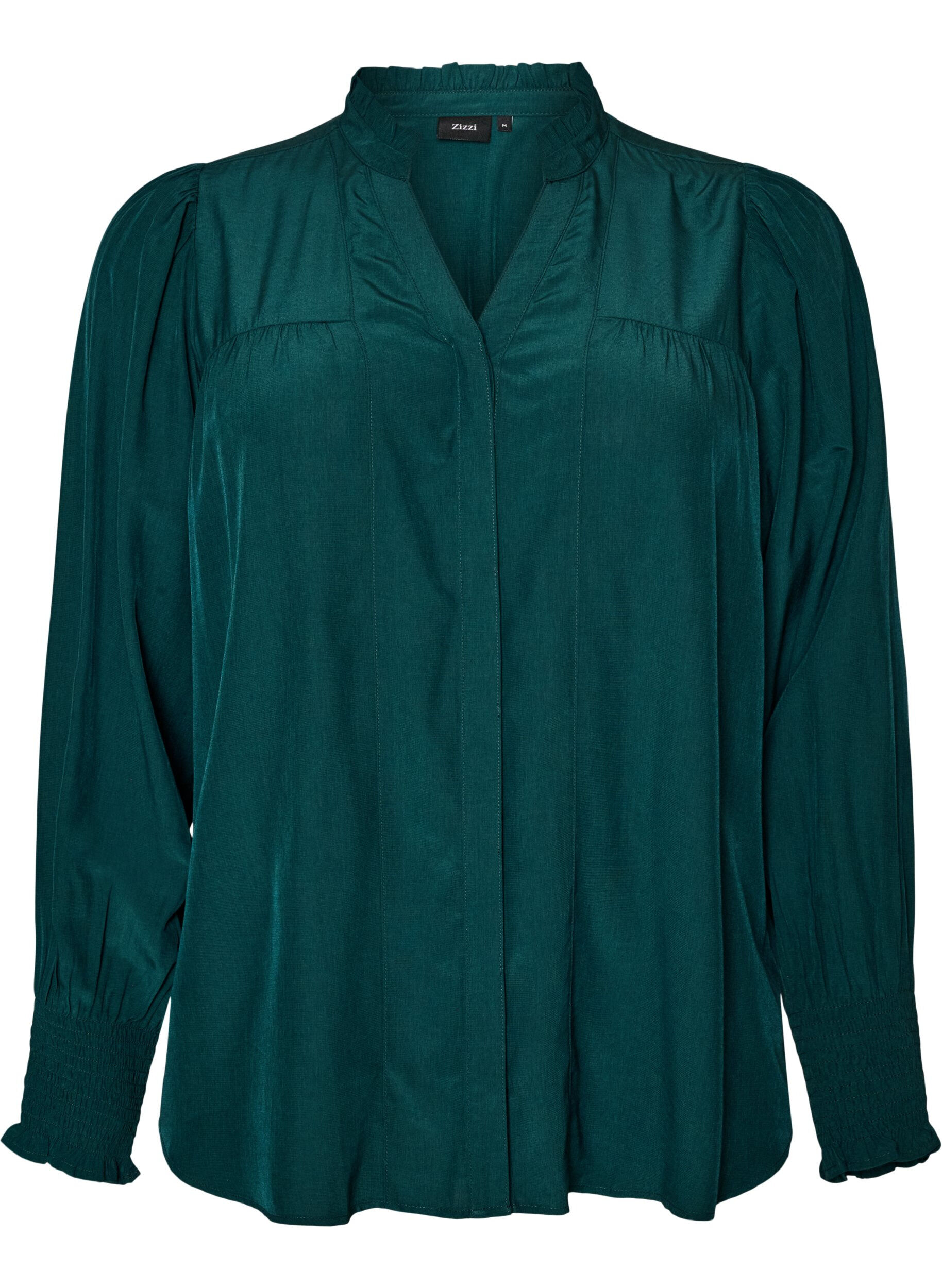 ZizziBlouse met ruches kraag en plooien, Groen, Packshot image number 0