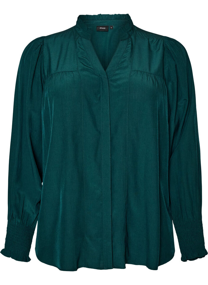Blouse met ruches kraag en plooien, Groen, Packshot image number 0