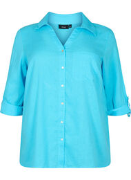 Overhemdblouse met knoopsluiting in katoen-linnen mix, Blue Atoll