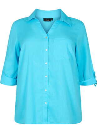 Overhemdblouse met knoopsluiting in katoen-linnen mix, Blue Atoll, Packshot image number 0