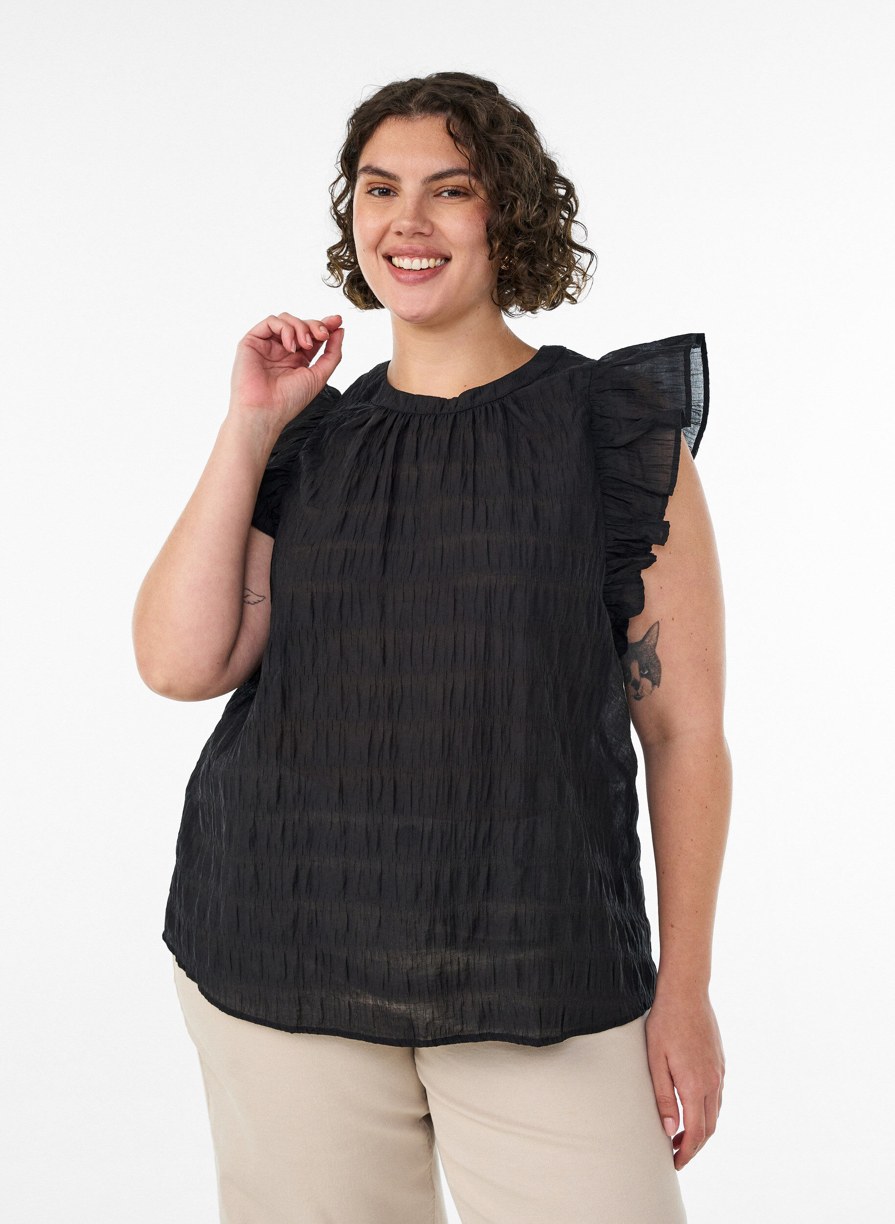 ZizziBlouse met textuur en ruches zonder mouwen, Zwart, Model image number 0