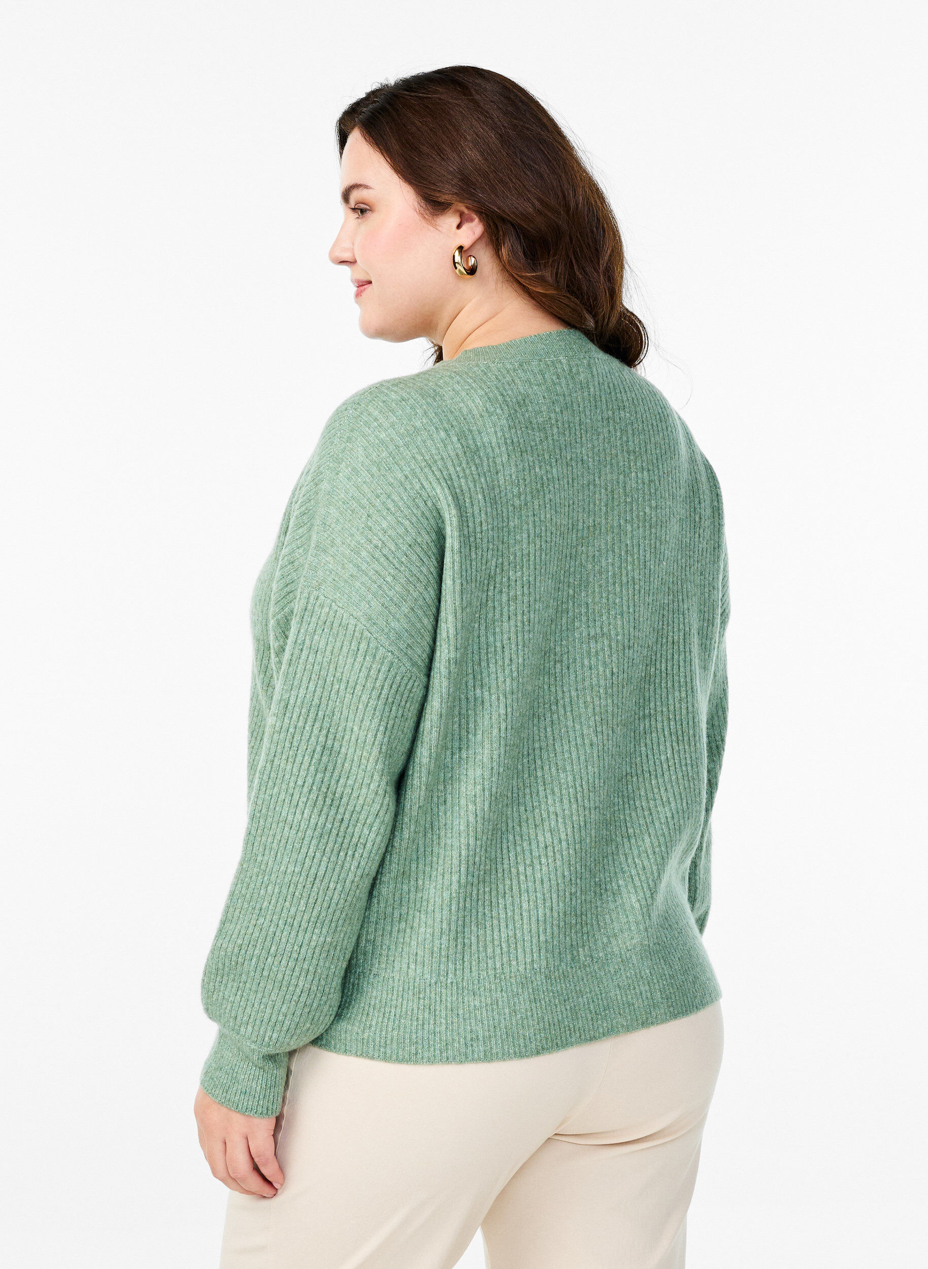 Zizzi Vest van ribtricot met knopen, Groen, Model image number 2
