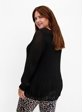 Geplooide blouse met lange mouwen en V-hals, Black, Model image number 1