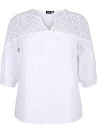 Blouse van katoenmix met linnen en gehaakt detail, Bright White