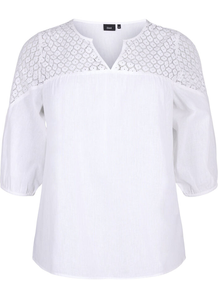 Blouse van katoenmix met linnen en gehaakt detail, Bright White, Packshot image number 0
