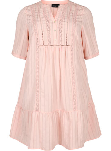 Gestreepte viscose jurk met kanten lint, Strawberry Cream, Packshot image number 0