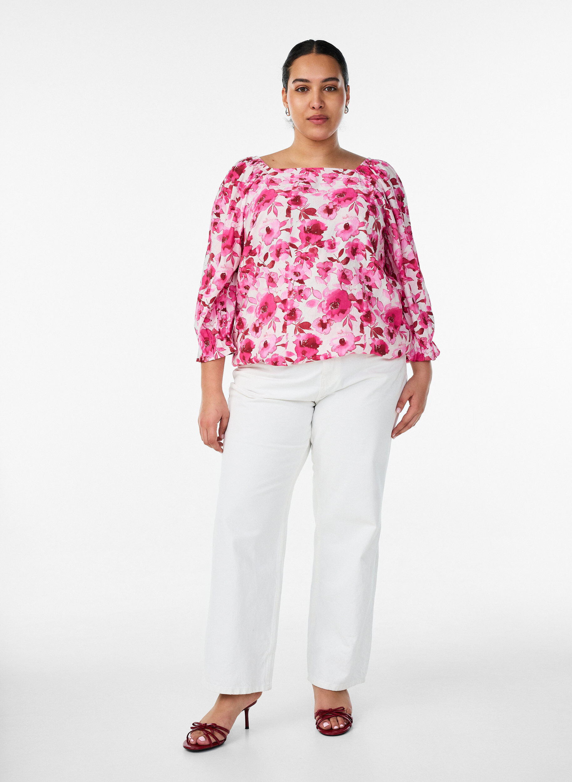 Zizzi Viscose blouse met een vierkante hals en 3/4-mouwen, Roze, Model image number 1