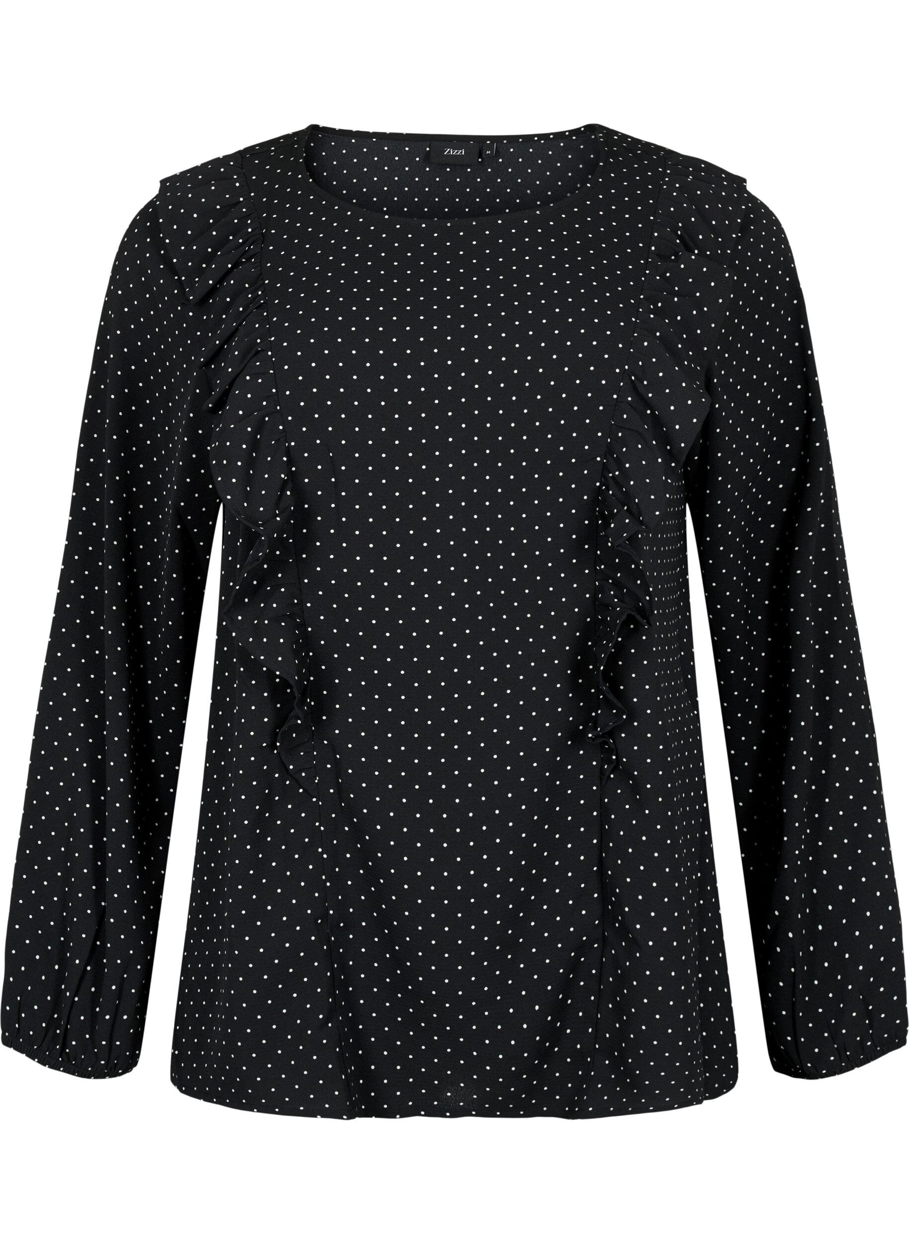 Zizzi Blouse met lange mouwen en ruches, Black Dot, Packshot image number 0
