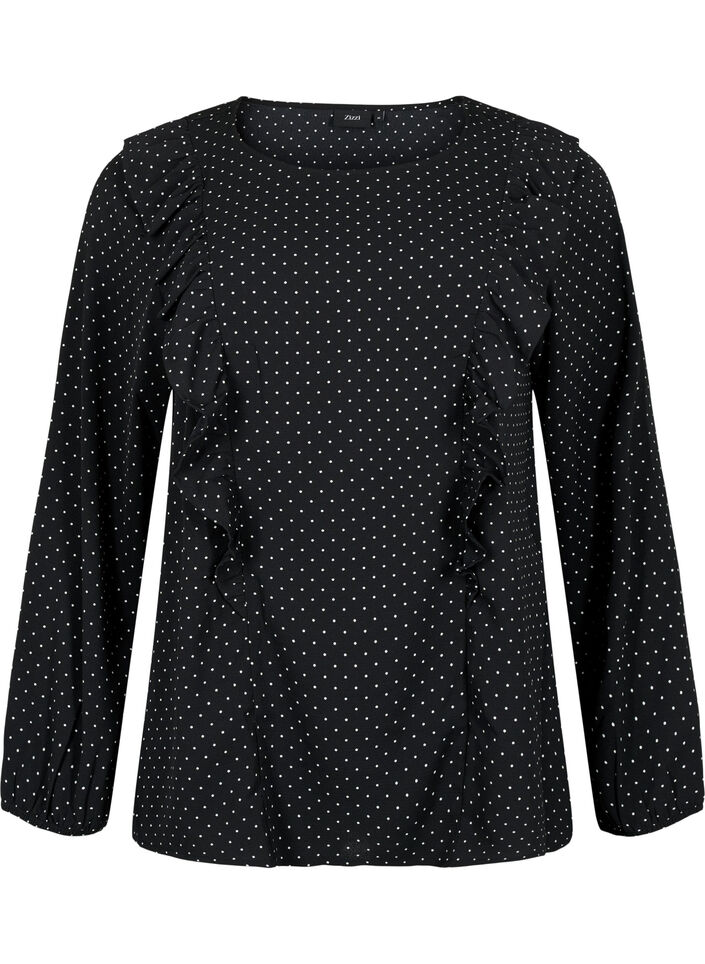 Blouse met lange mouwen en ruches, Black Dot, Packshot image number 0