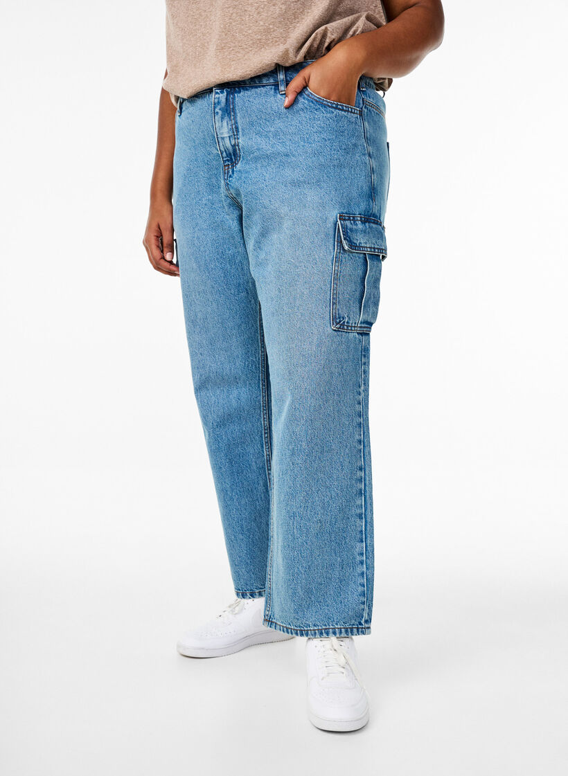 Losse pasvorm cargo jeans met hoge taille, Light Blue, Model image number 2