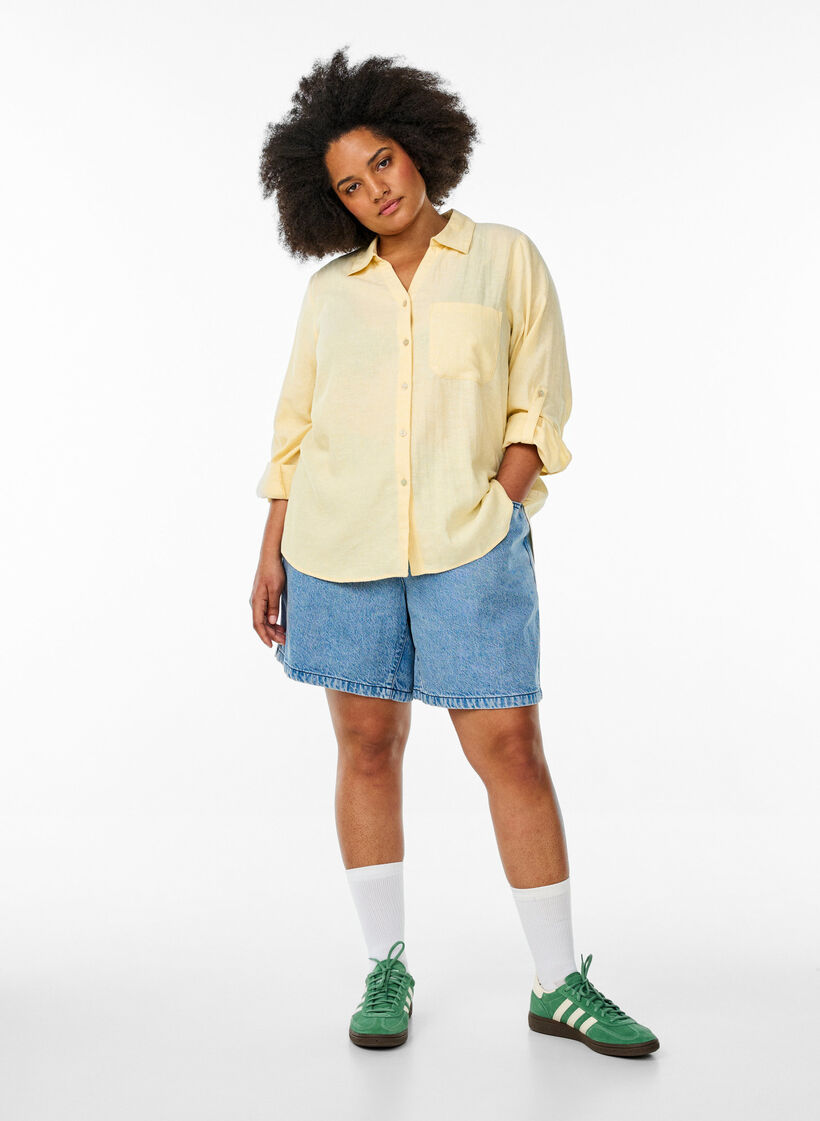 Linnen en viscose shirt met 3/4 mouwen, Geel, Model image number 1