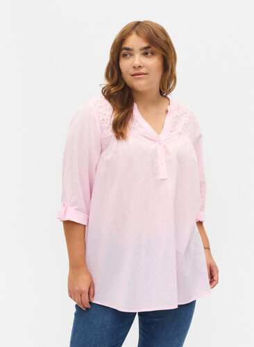 Katoenen blouse met kanten details, Pink-A-Boo, Model image number 0