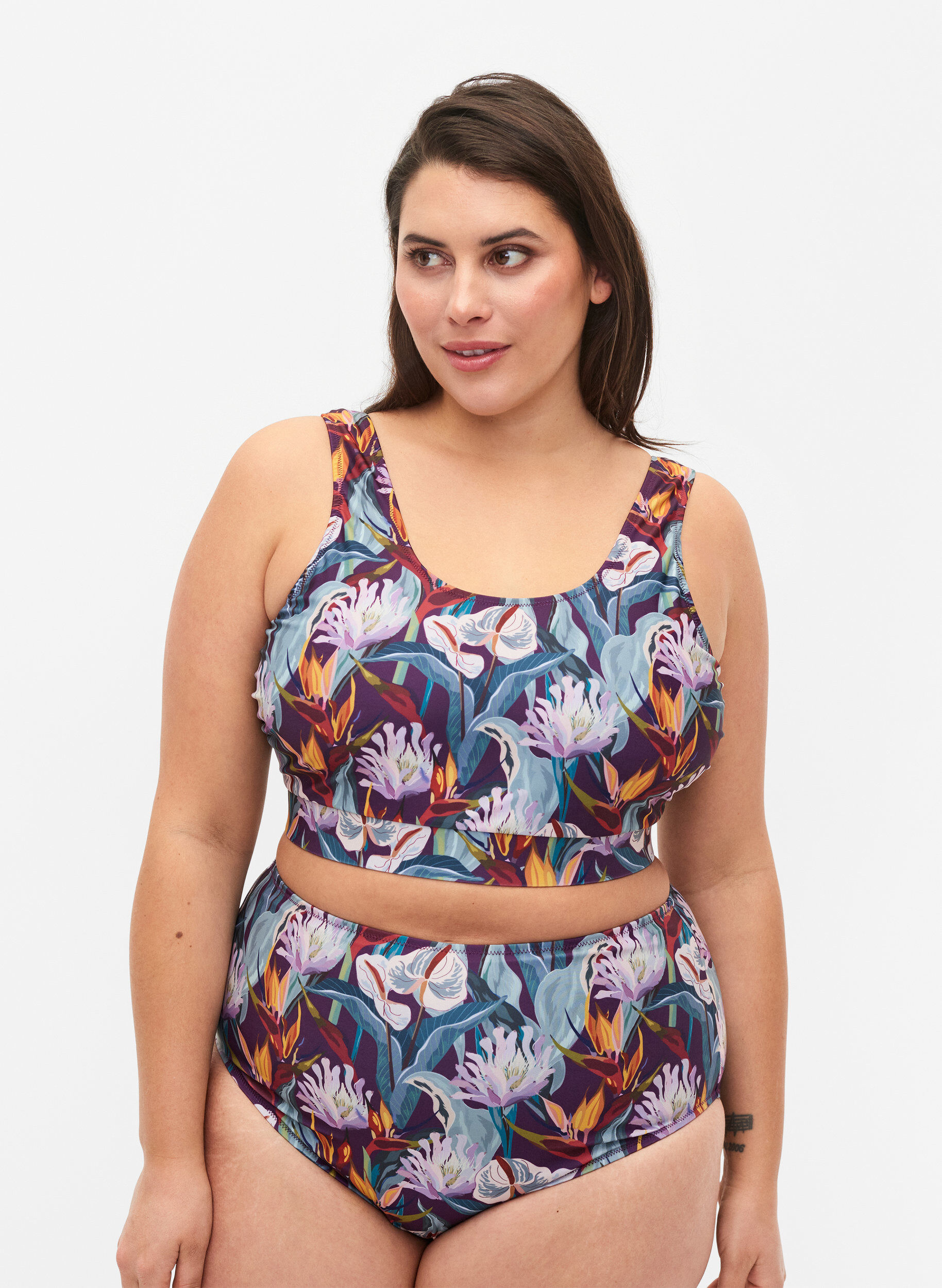 Zizzi Bikinibroekje met hoge taille en print, Groen, Model image number 0
