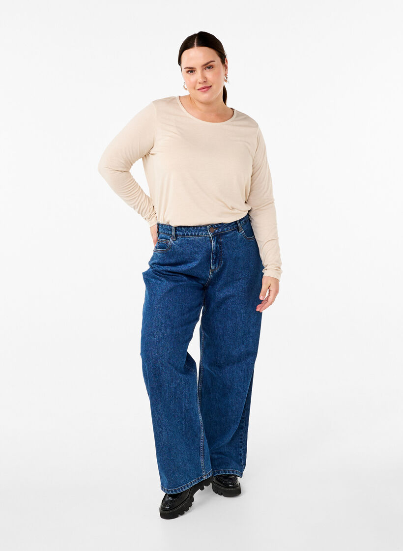 T-shirt met lange mouwen en ronde hals, Oatmeal Mel., Model image number 2