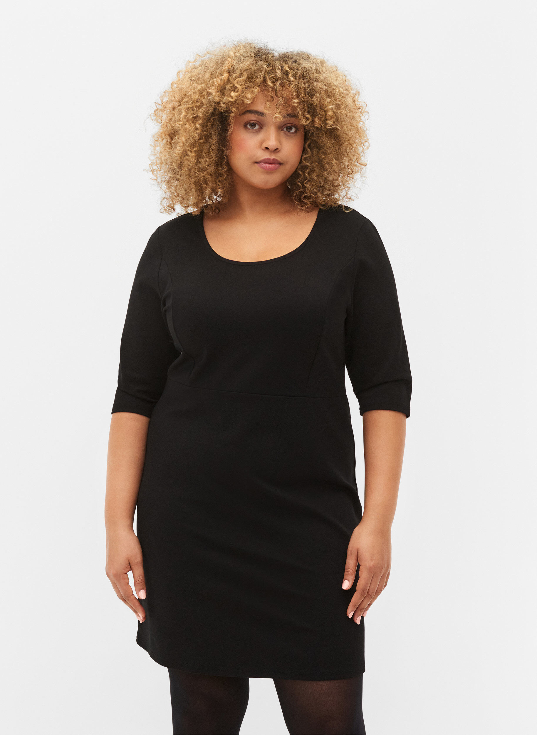 Zizzi Effen jurk met 3/4-mouwen en split, Black, Model image number 0