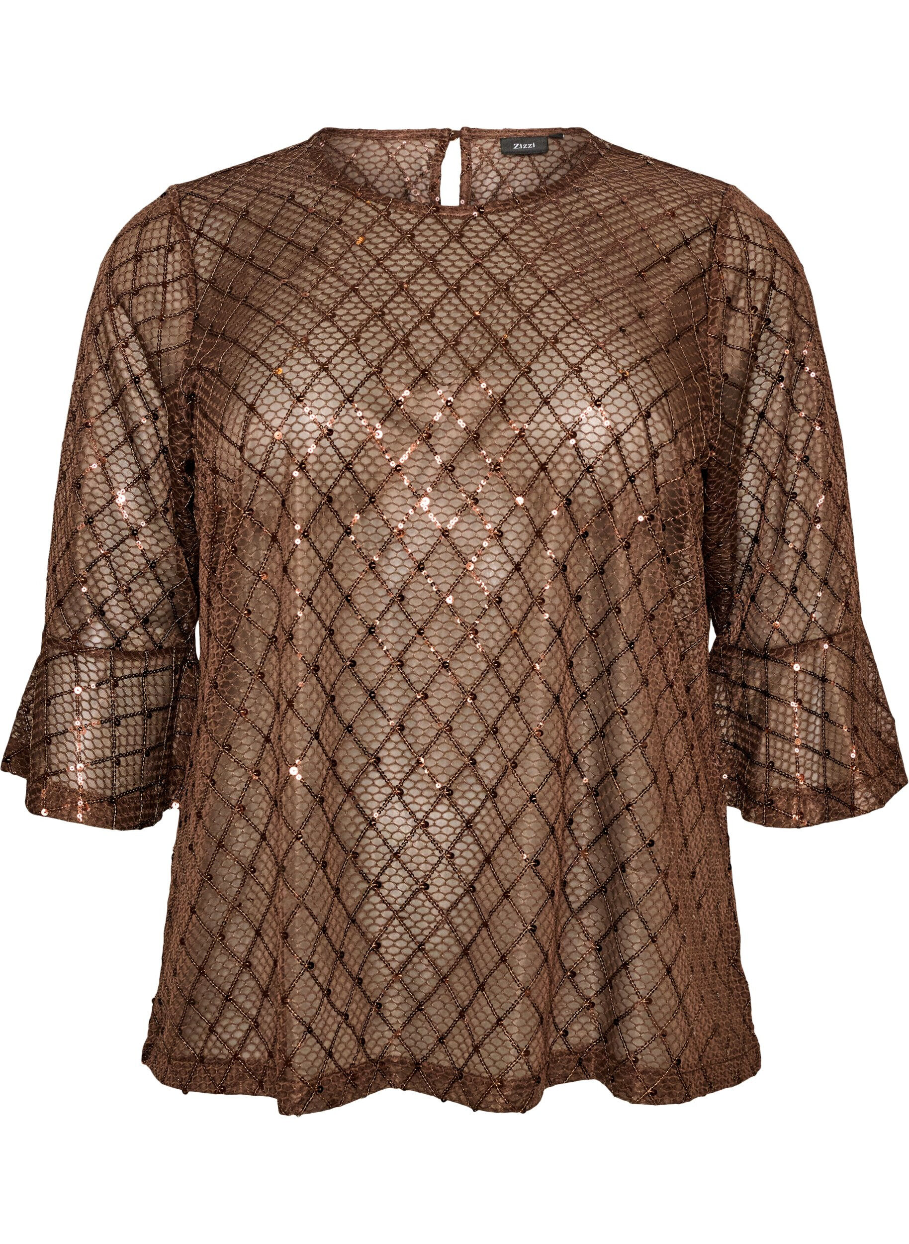 ZizziDoorschijnende blouse met pailletten en een ruitpatroon, Bruin, Packshot image number 0