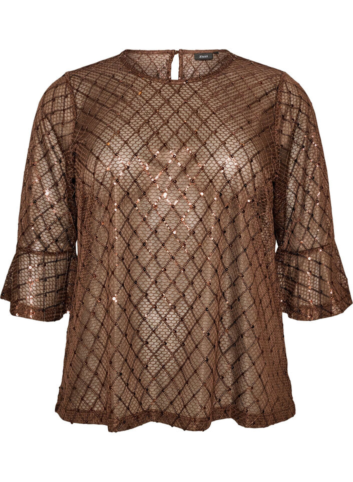 Doorschijnende blouse met pailletten en een ruitpatroon, Bruin, Packshot image number 0
