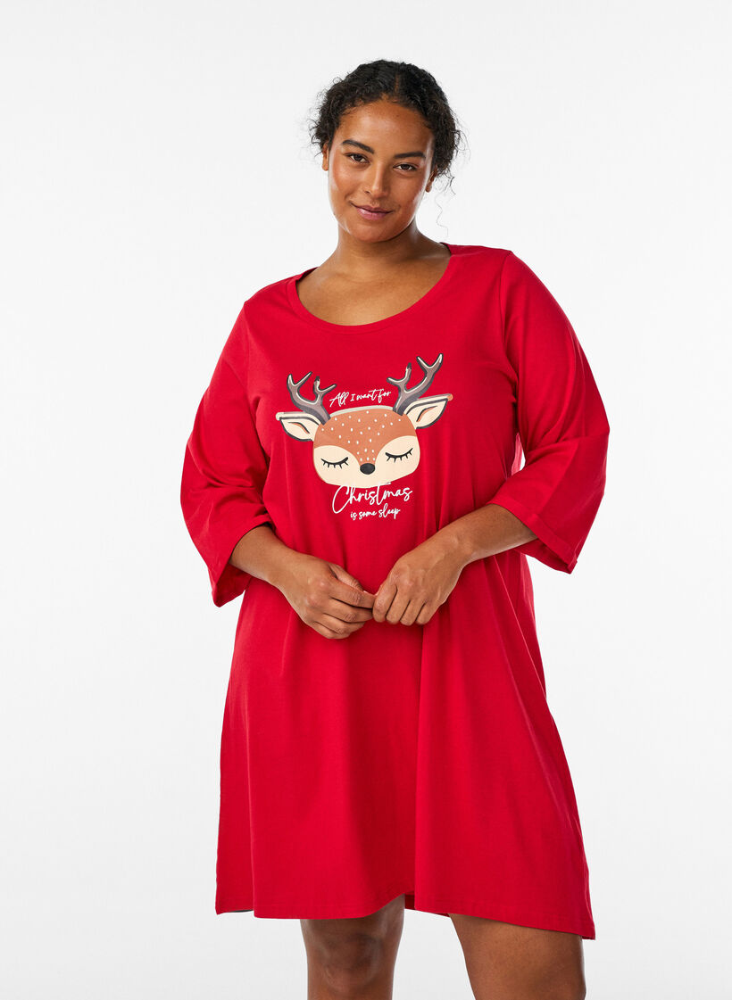 Nachthemd in biologisch katoen met kerstmotief, Rood, Model image number 0