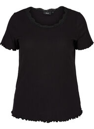 T-shirt met korte mouwen in rib met kanten rand, Black