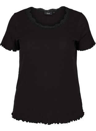 T-shirt met korte mouwen in rib met kanten rand, Black, Packshot image number 0