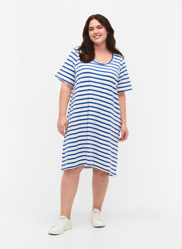 Gestreepte jersey jurk met korte mouwen, Blue Stripes, Model image number 2